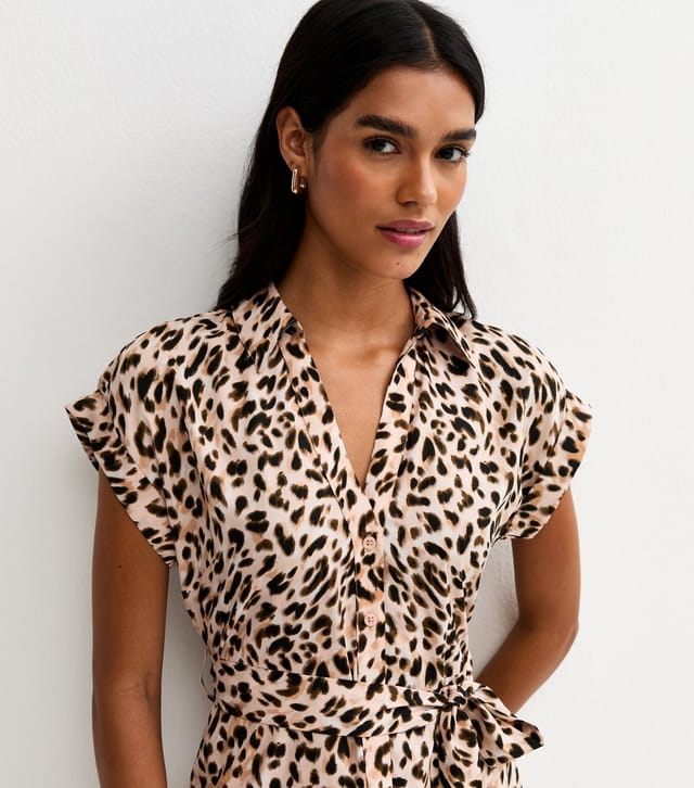 New Look Women's Brown Crepe Leopard Print Collared Short Sleeve Midi Dress New Look - 3