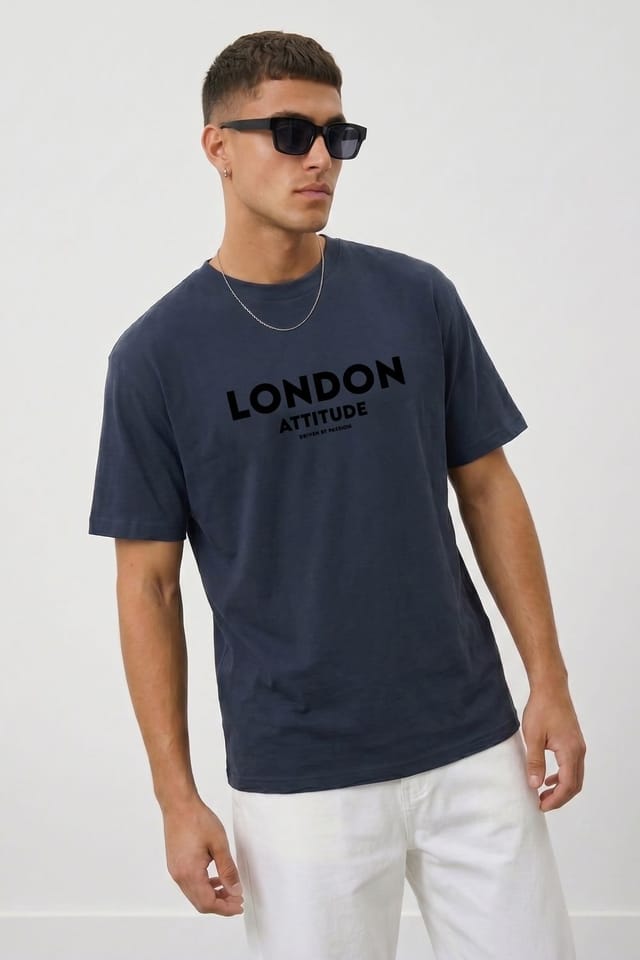 LONDON ATTITUDE LONDON ATTITUDE Men's Japanese Inspired Premium Cotton Relaxed Fit T-Shirt in Navy - 2