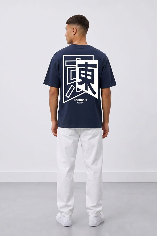 LONDON ATTITUDE LONDON ATTITUDE Men's Japanese Inspired Premium Cotton Relaxed Fit T-Shirt in Navy - 3