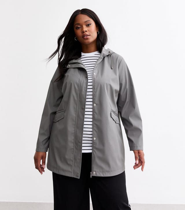 New Look Women's Plus Size Grey Hooded Rain Coat Curves New Look - 3