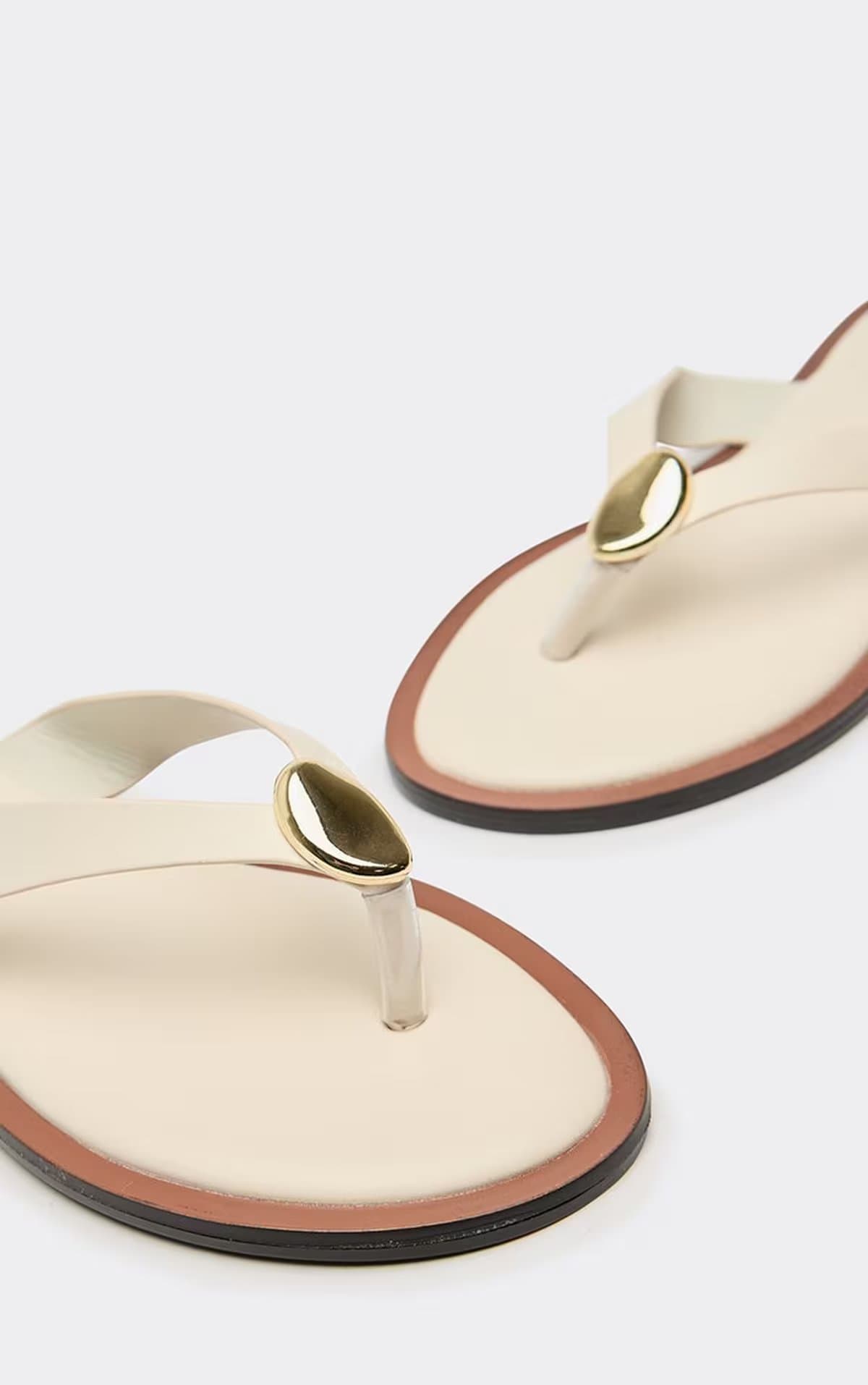 EGO Marda Thong Strap Trim Detail Flat Slider Sandal In Beige Faux Leather, Women's Size UK 3