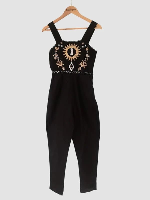 Never Fully Dressed Never Fully Dressed Black Embroidered Linen Blend Jumpsuit Cropped 8 Boho Sun Celestial holiday