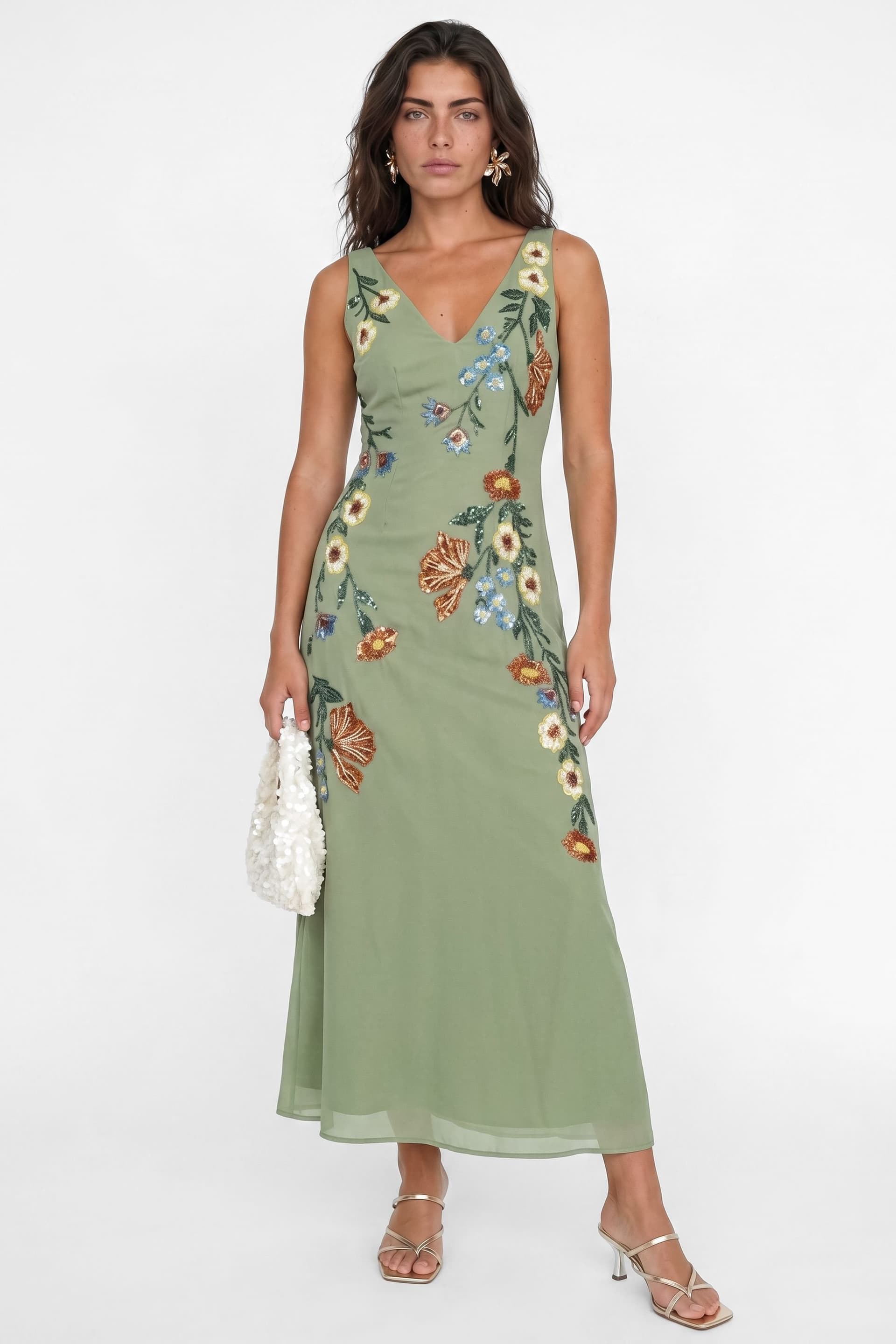 Maya Deluxe Maya Deluxe Women's Flower Embellished Tie Back Midaxi Slip Dress in Olive