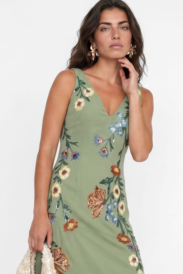Maya Deluxe Maya Deluxe Women's Flower Embellished Tie Back Midaxi Slip Dress in Olive - 2