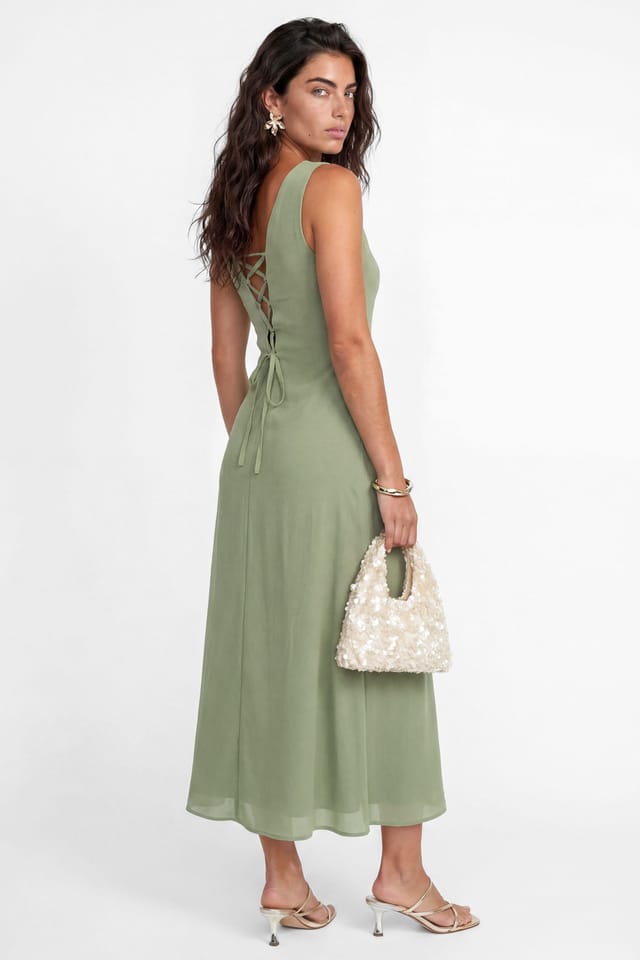Maya Deluxe Maya Deluxe Women's Flower Embellished Tie Back Midaxi Slip Dress in Olive - 3