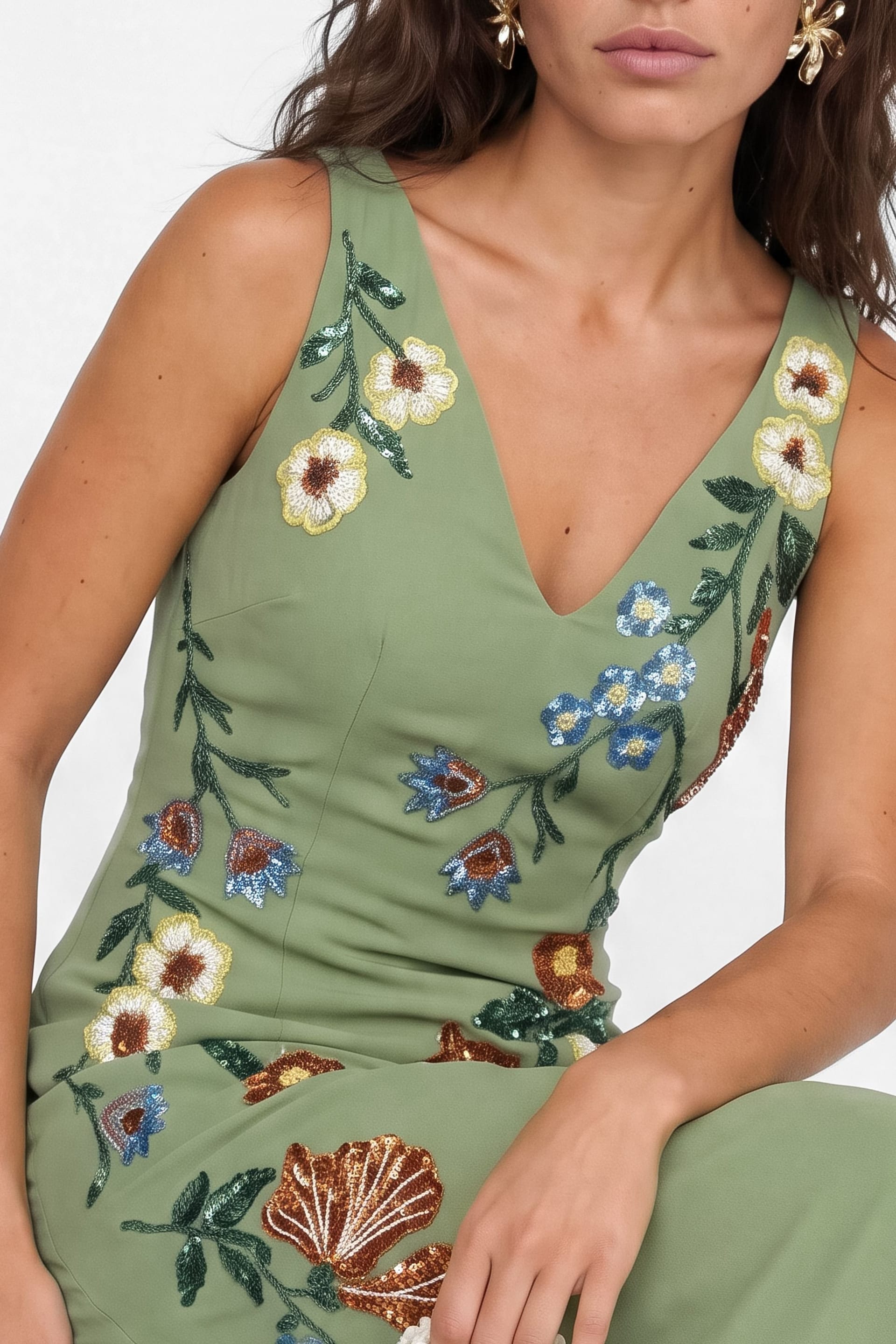 Maya Deluxe Maya Deluxe Women's Flower Embellished Tie Back Midaxi Slip Dress in Olive - 4