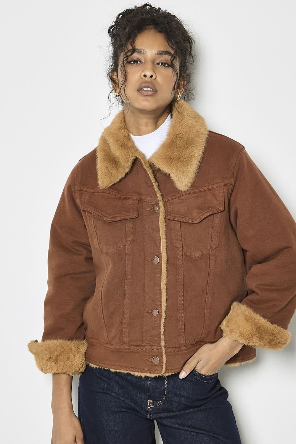 Apricot Apricot Terracotta Faux Fur Lined Denim Jacket