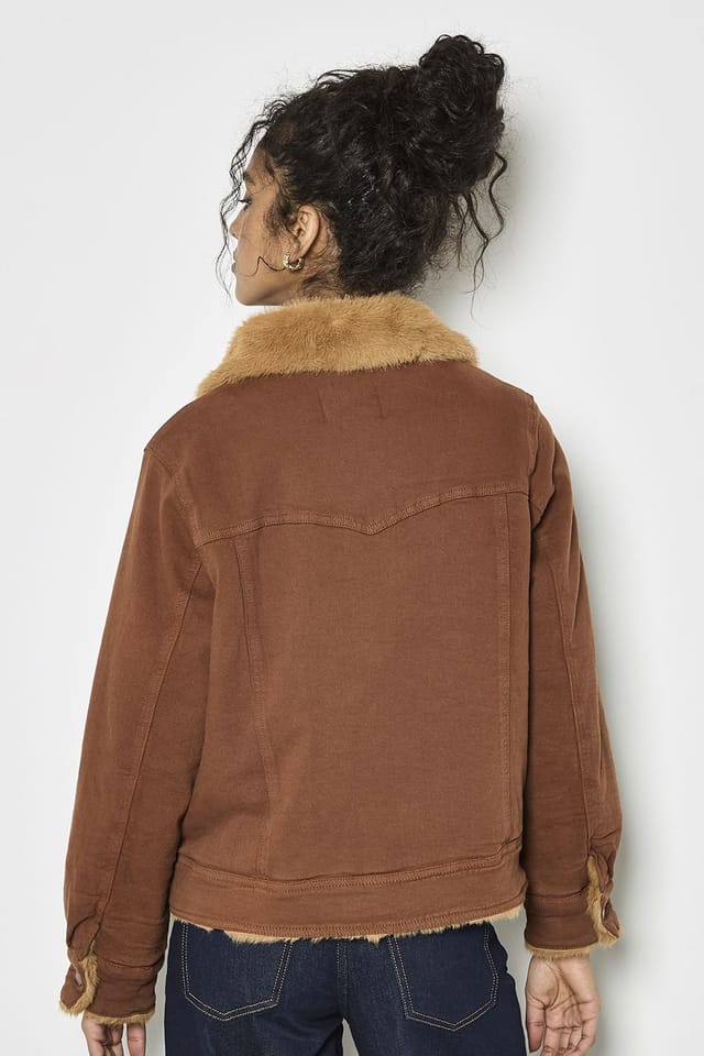 Apricot Apricot Women's Faux Fur Lined Denim Jacket in Terracotta - 3