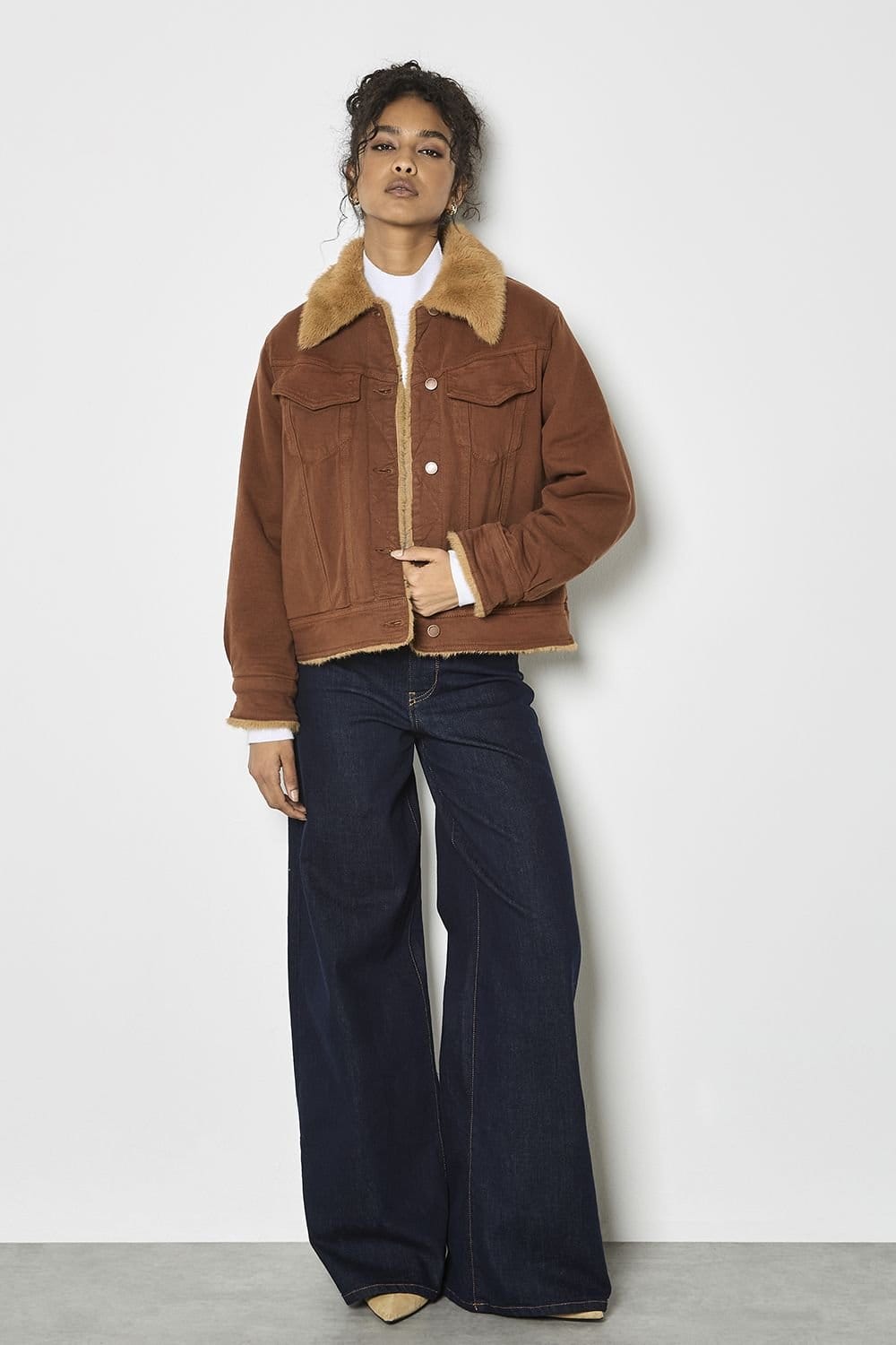 Apricot Apricot Women's Faux Fur Lined Denim Jacket in Terracotta - 4