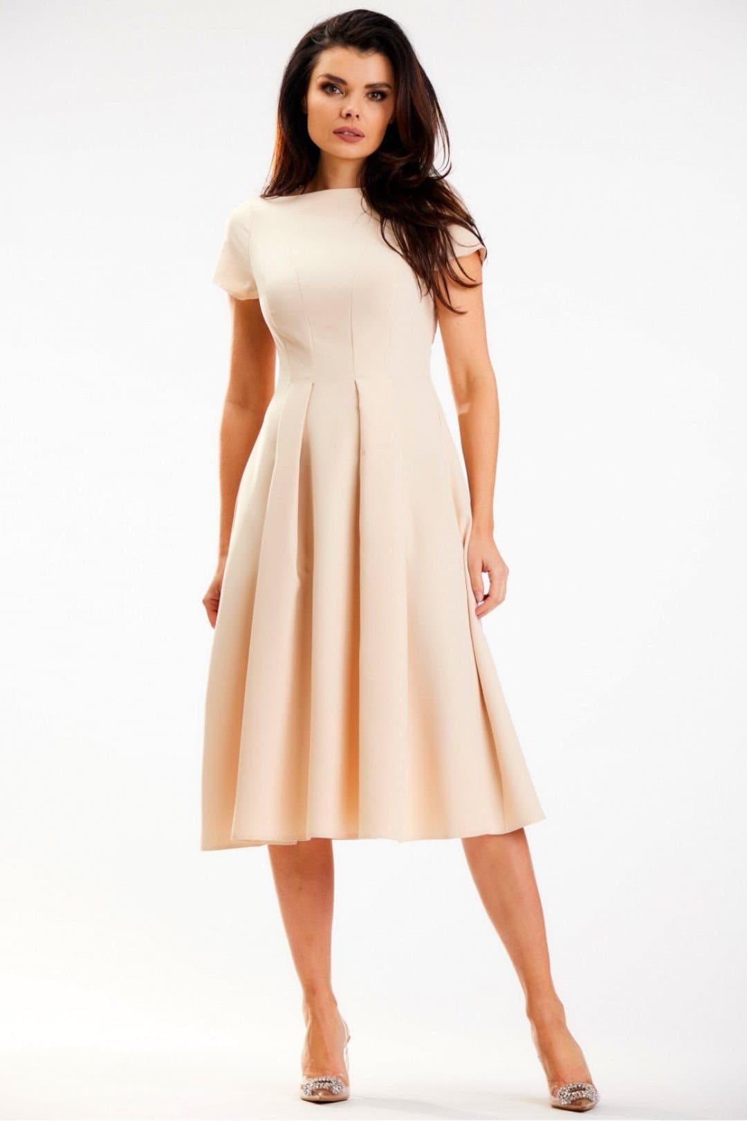 Love Lace Love Lace Women's Polish Midi Dress Boat Neck Short Sleeve in Beige