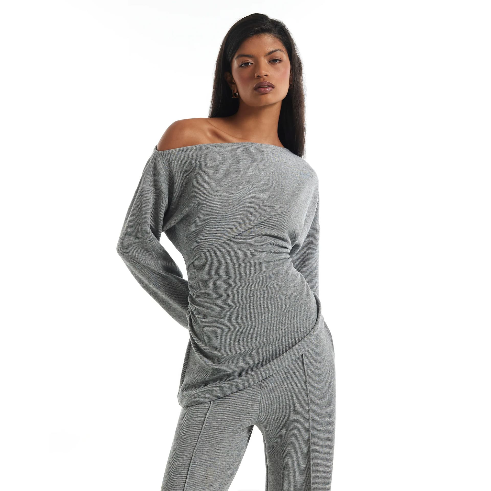 River Island River Island Womens Grey Cosy Off The Shoulder Asymmetric Top