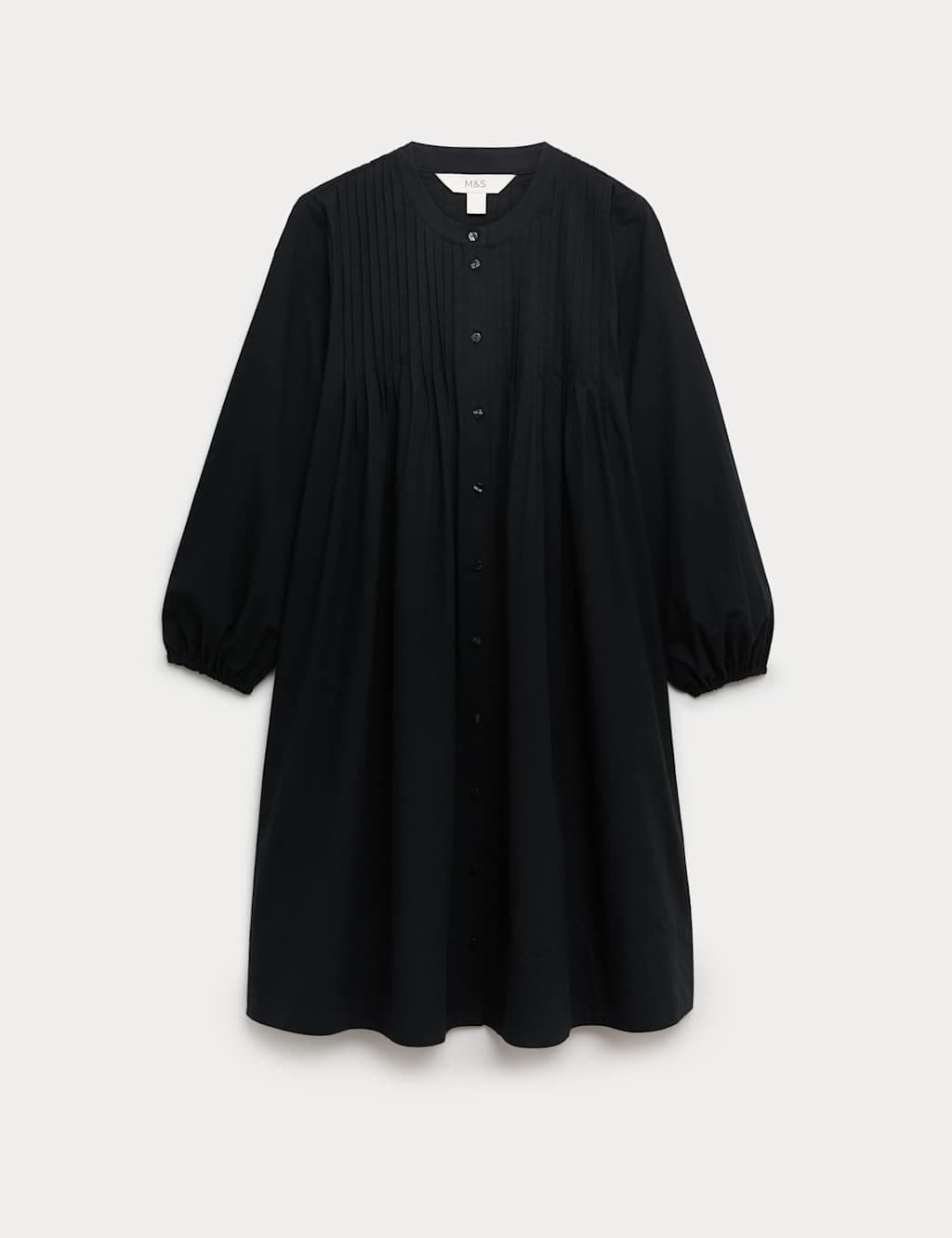 Marks & Spencer M&S Pure Cotton Pintuck Mini Relaxed Dress Black