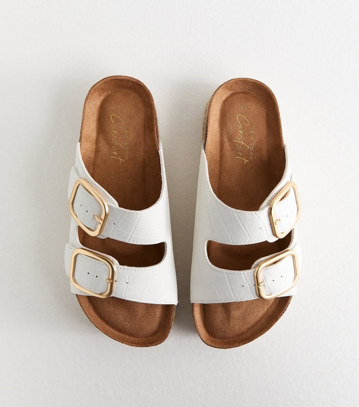 New Look Women's White Faux Leather Double Buckled Strap Mule Sandals Vegan New Look