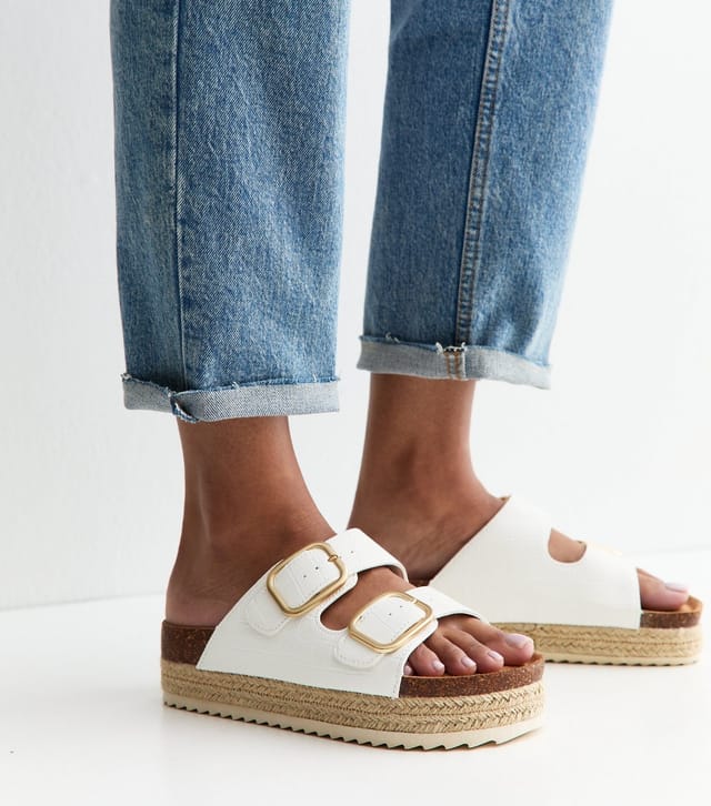 New Look Women's White Faux Leather Double Buckled Strap Mule Sandals Vegan New Look - 2