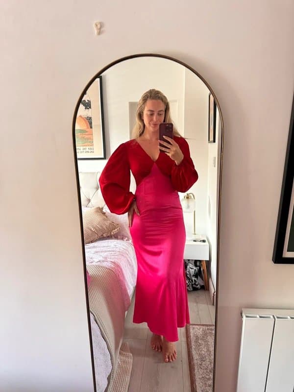 Never Fully Dressed Never Fully Dressed - Pink and Red Long Sleeve Satin Maxi Dress - Size 10