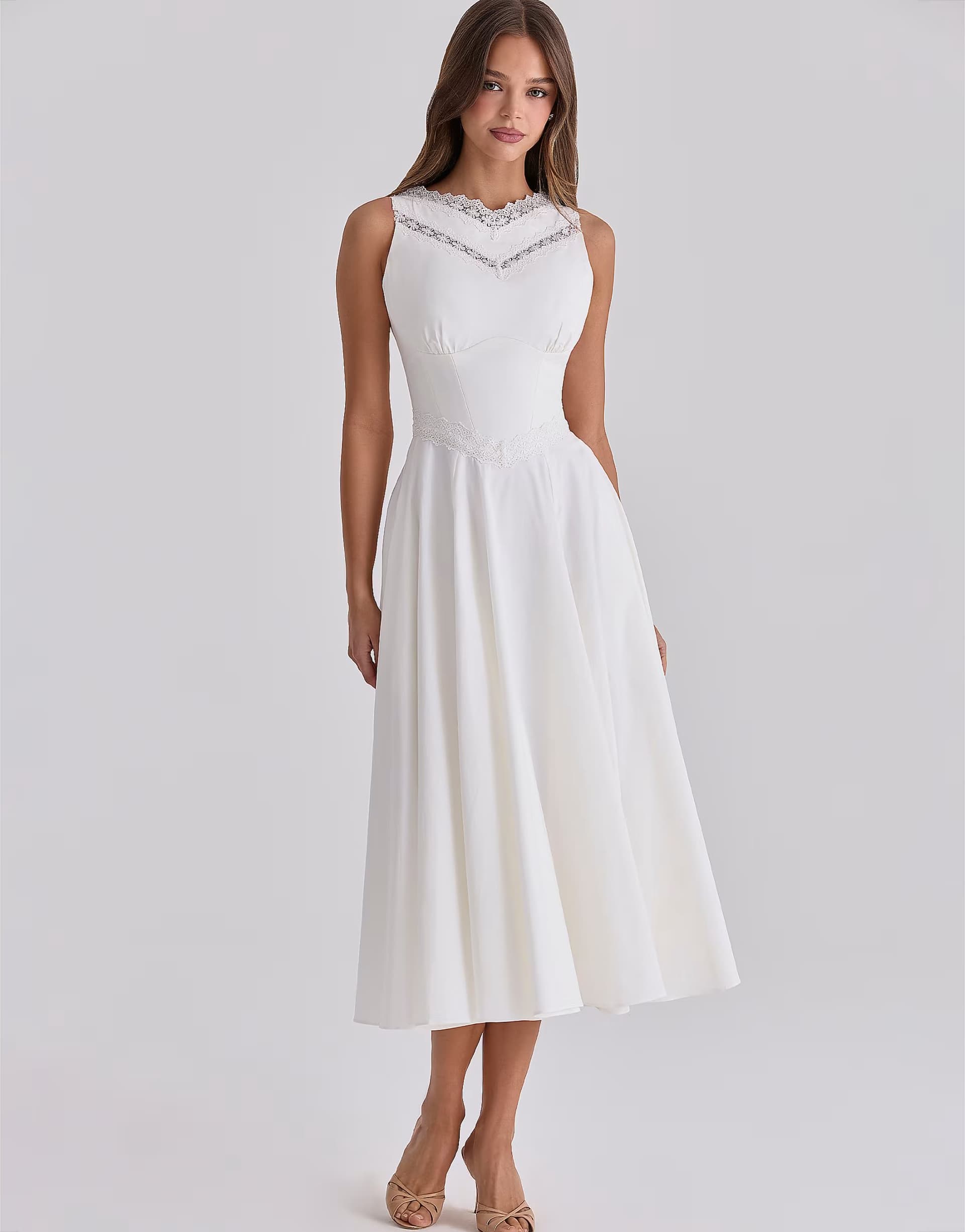 ASOS House of CB Scarlett white cotton lace trim waist cinch midi dress in white