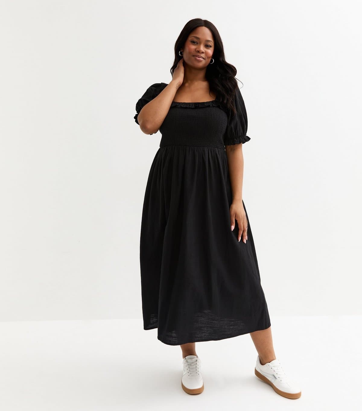 New Look Women's Plus Size Black Puff Sleeve Midi Dress Curves New Look