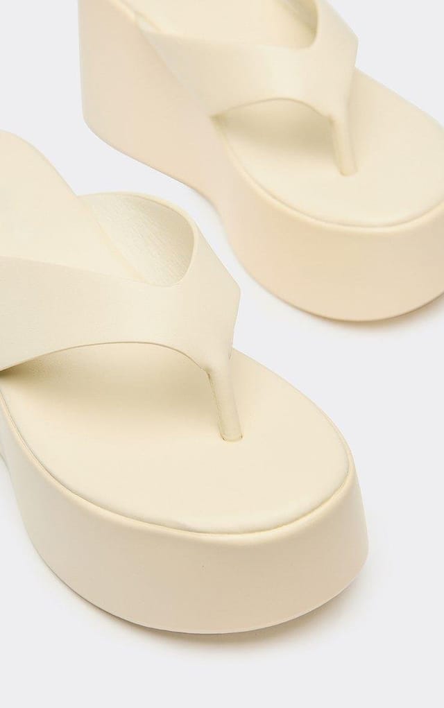 EGO Carina Thong Strap Chunky Platform Sole Sandal In Beige Faux Leather, Women's Size UK 3 - 2