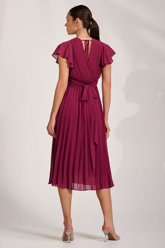 Jolie Moi Jolie Moi Women's Ruffle Pleated Chiffon Midi Dress in Raspberry - 2