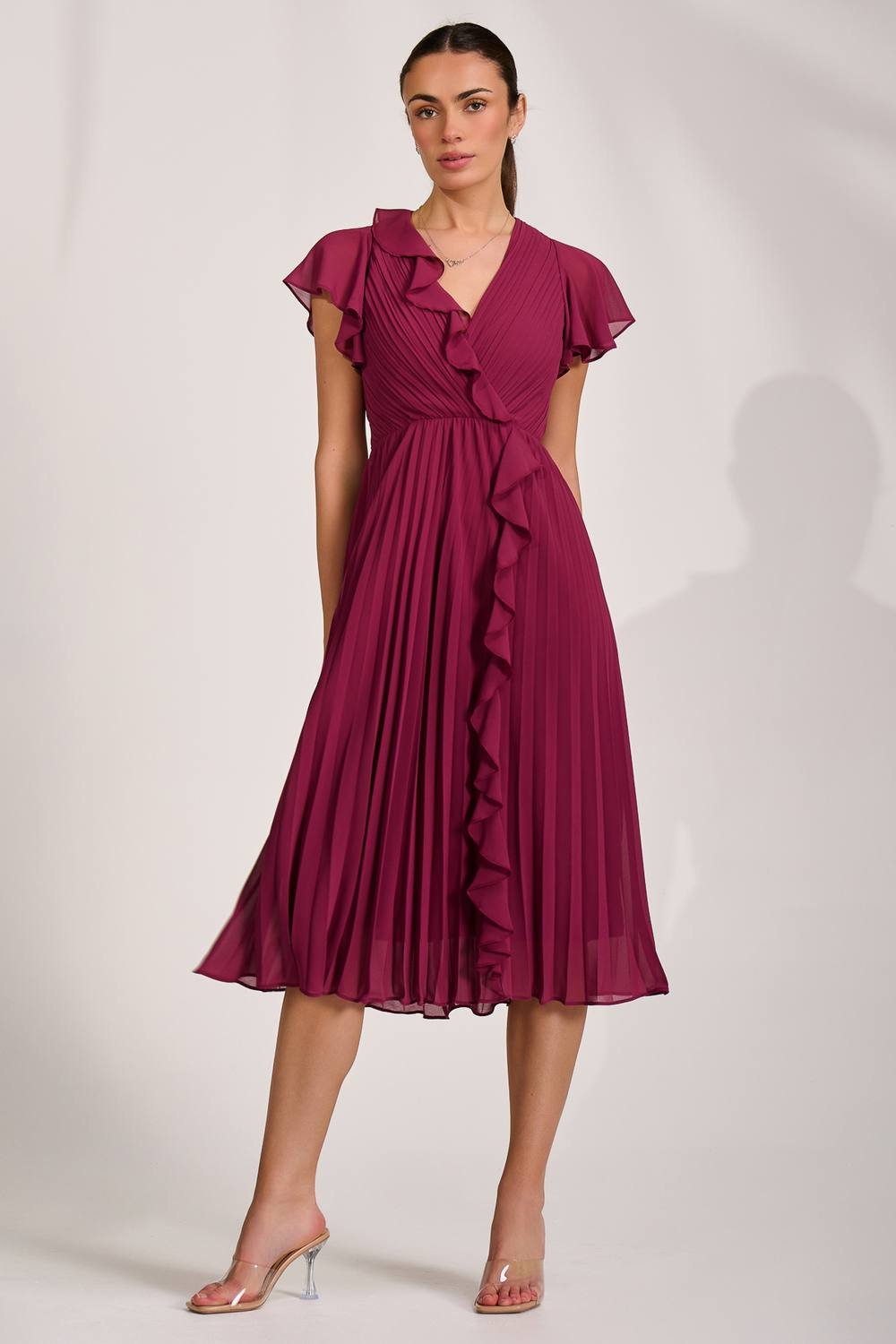 Jolie Moi Jolie Moi Women's Ruffle Pleated Chiffon Midi Dress in Raspberry - 3