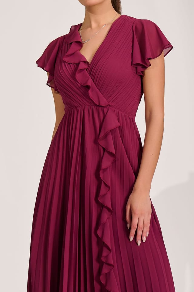Jolie Moi Jolie Moi Women's Ruffle Pleated Chiffon Midi Dress in Raspberry - 3