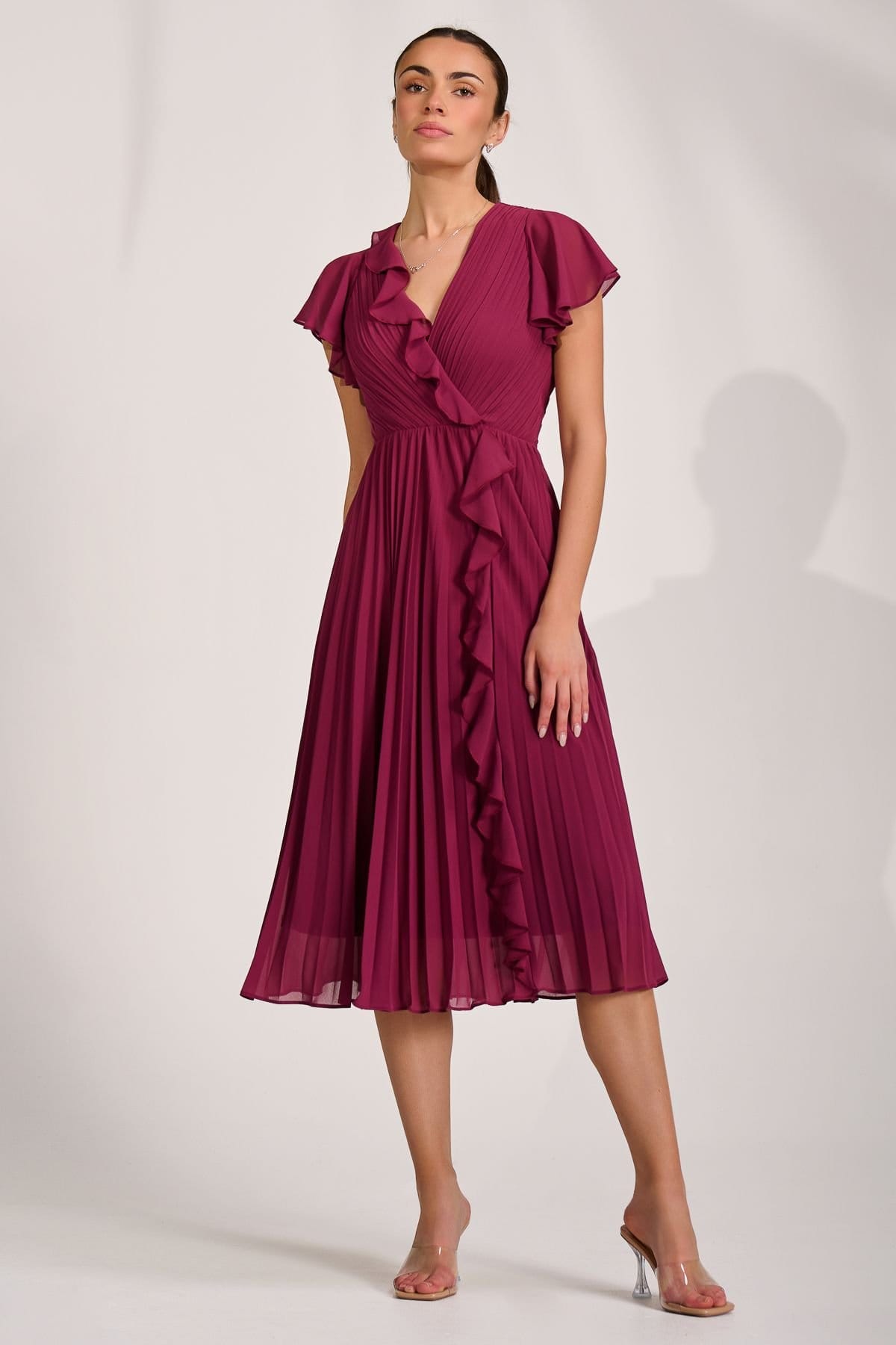 Jolie Moi Jolie Moi Women's Ruffle Pleated Chiffon Midi Dress in Raspberry - 4