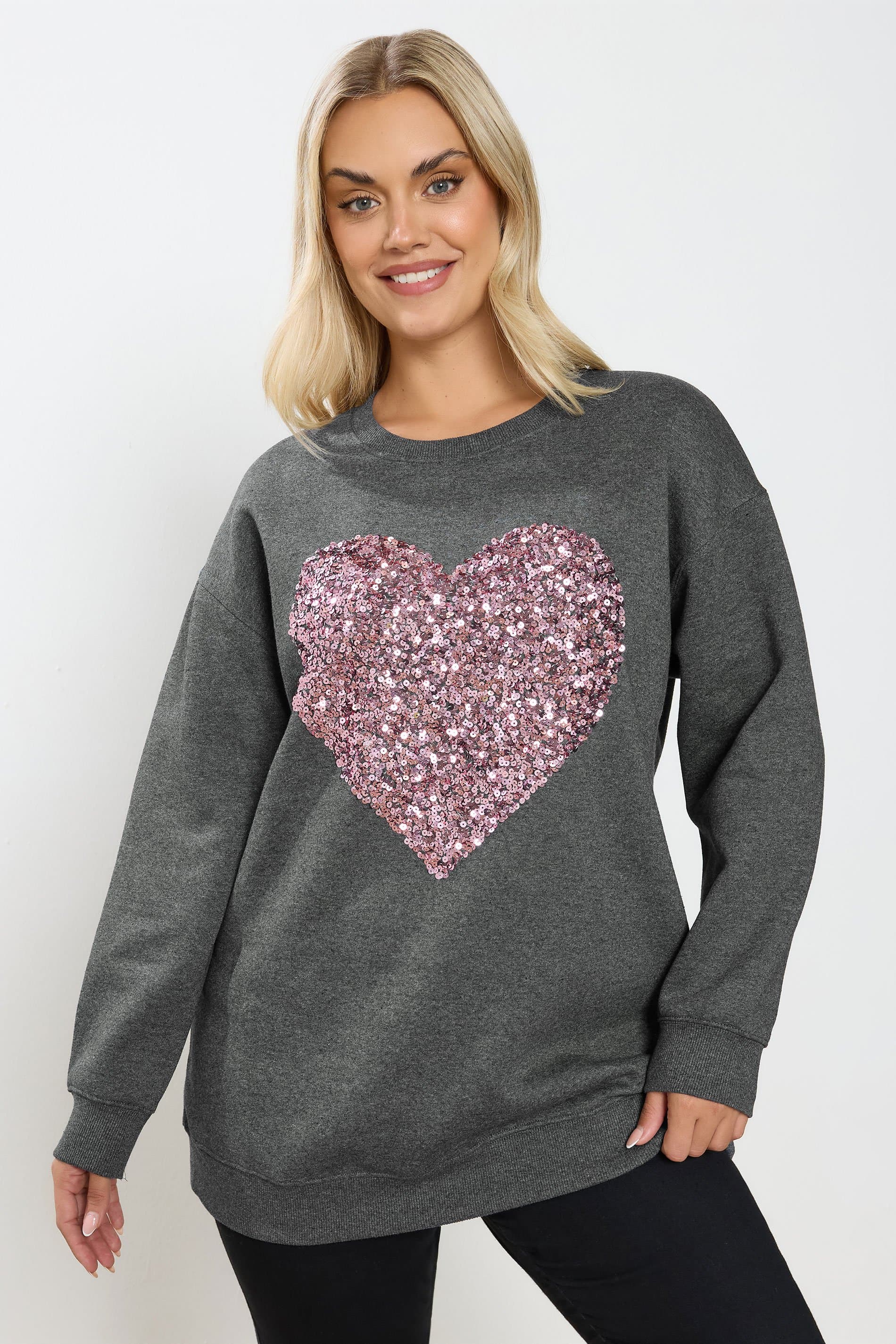 Yours Plus Size Grey Sequin Embellished Heart Sweatshirt