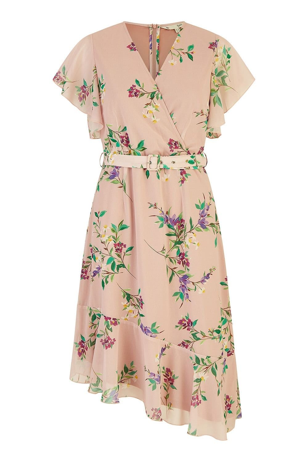 Yumi Yumi Women's Blush Wrap Over Midi Dress With Frill Details & Matching Belt in Pink - 4