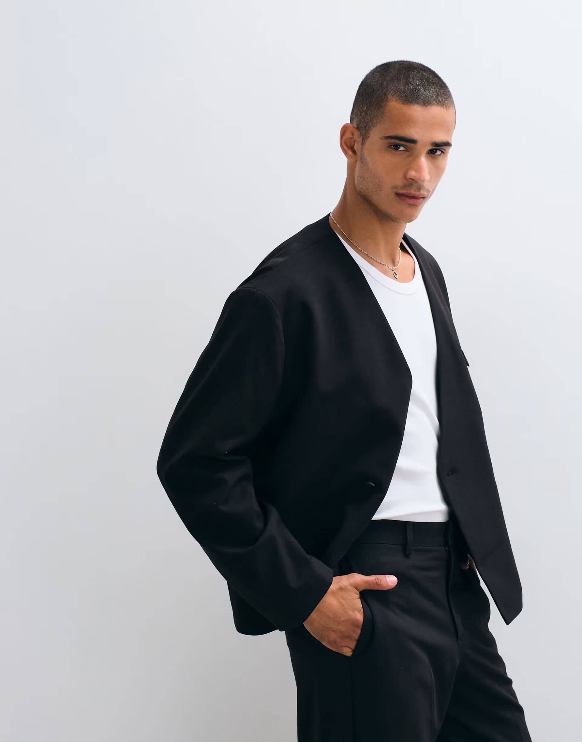 ASOS ASOS DESIGN boxy collarless suit jacket in black twill