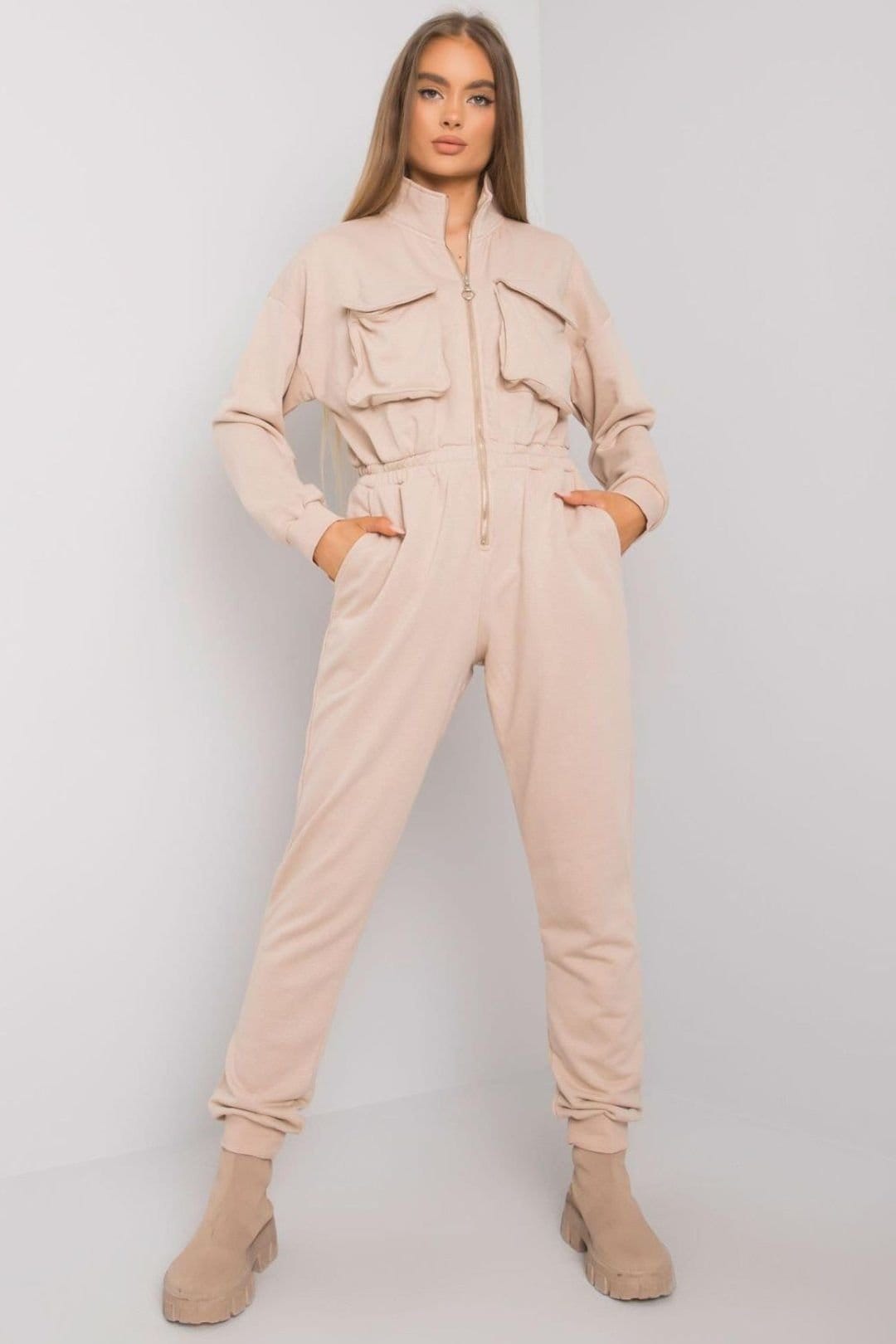 Love Lace Women's Beige Cotton Zipped Jumpsuit