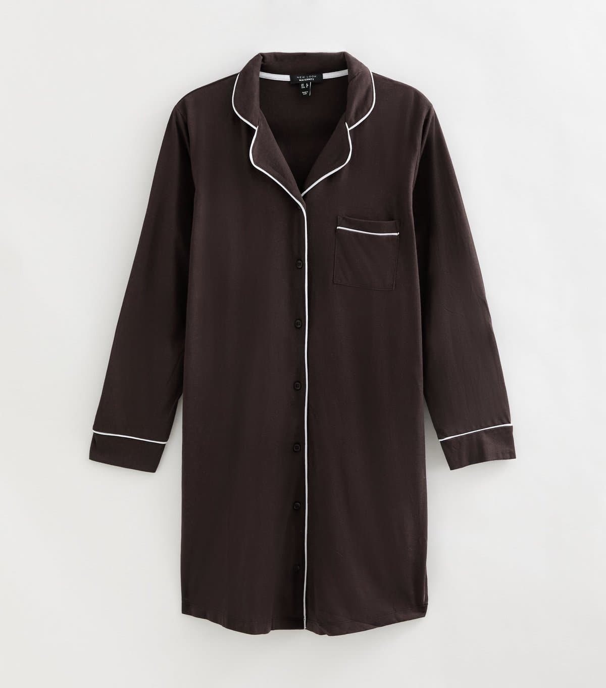 New Look Women's Maternity Dark Brown Cotton Revere Collar Piped Trim Nightshirt New Look
