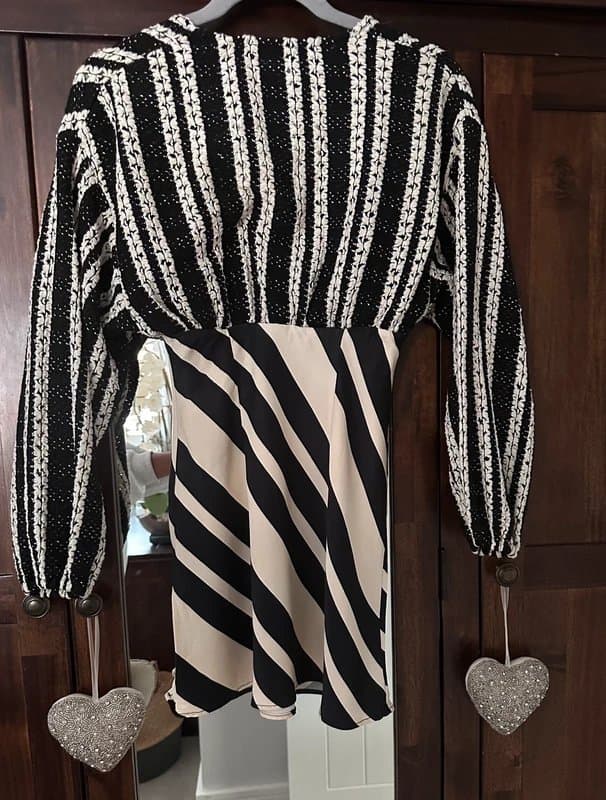Never Fully Dressed Never Fully Dressed Petite size 6 crochet balloon sleeve mini dress in monochrome stripe