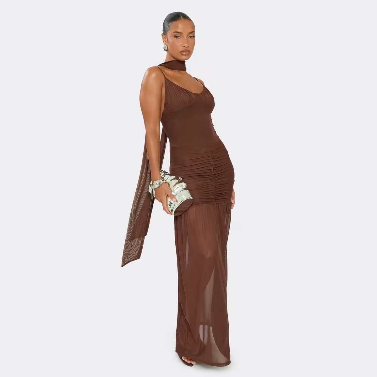 EGO Strappy Ruched Front Mesh Overlay Maxi Dress With Scarf In Chocolate Brown, Women's Size UK 6