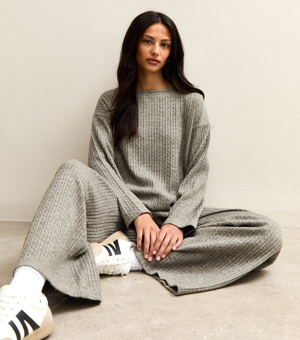 New Look New Look Grey Cable Knit Split Hem Top