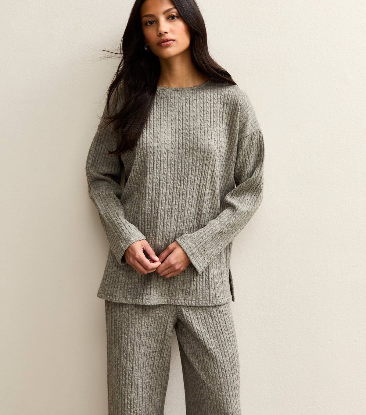 New Look Women's Grey Soft Touch Cable Knit Split Hem Top New Look - 4