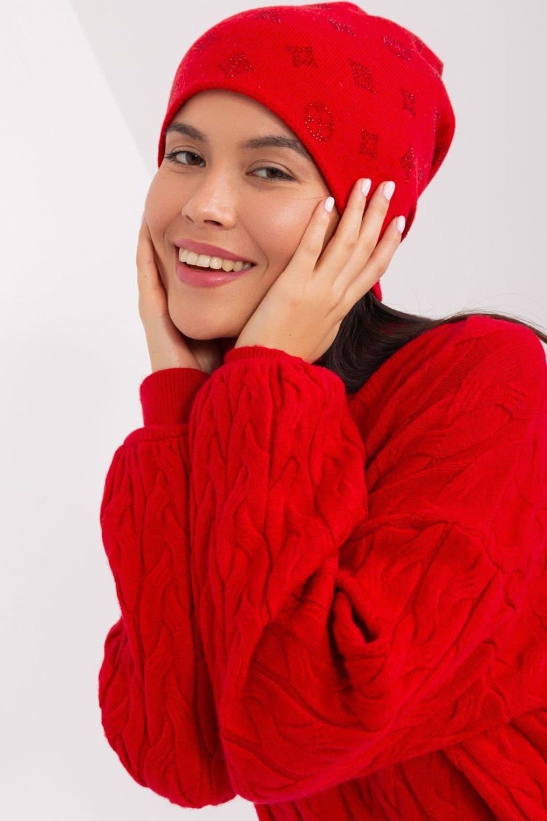 Love Lace Love Lace Women's Warm Winter Cashmere Beanie Hat with Decorative Rhinestones in Red