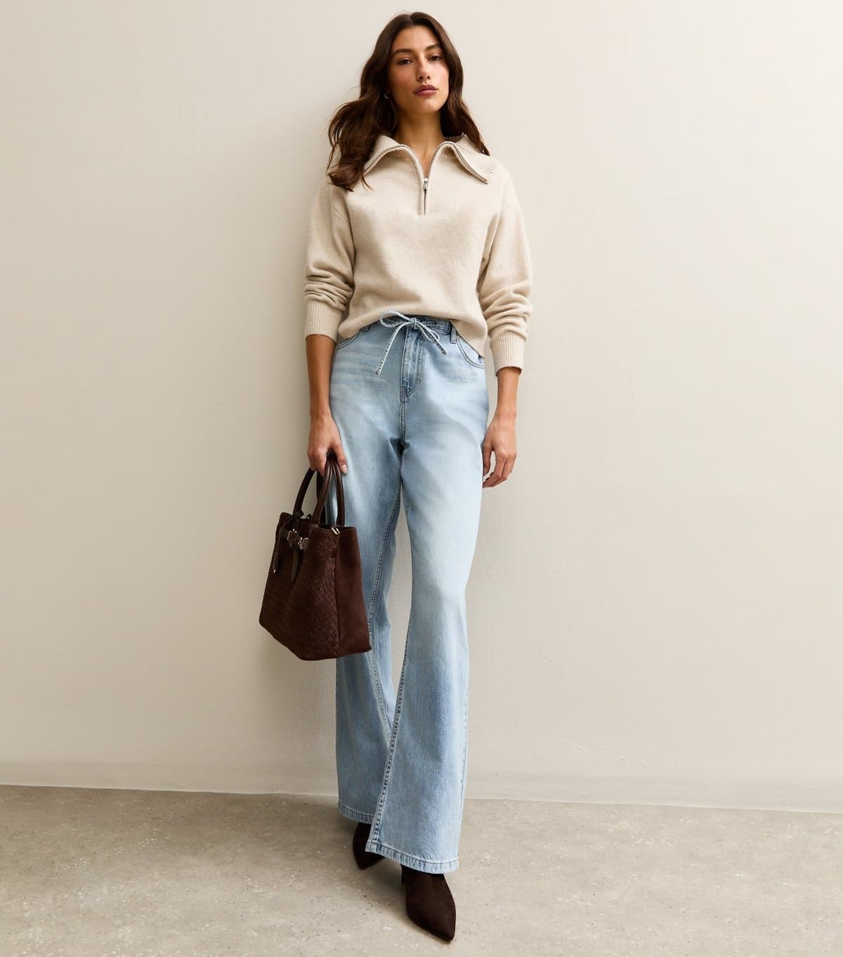 New Look Women's Tall Blue Denim Self Tie Drawcord Waist Wide Leg Jeans New Look