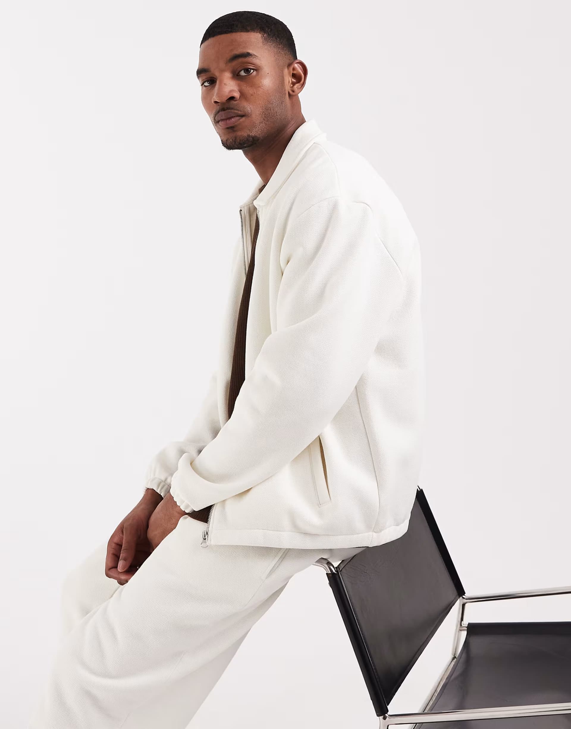 ASOS ASOS DESIGN relaxed zip through pique shacket in cream