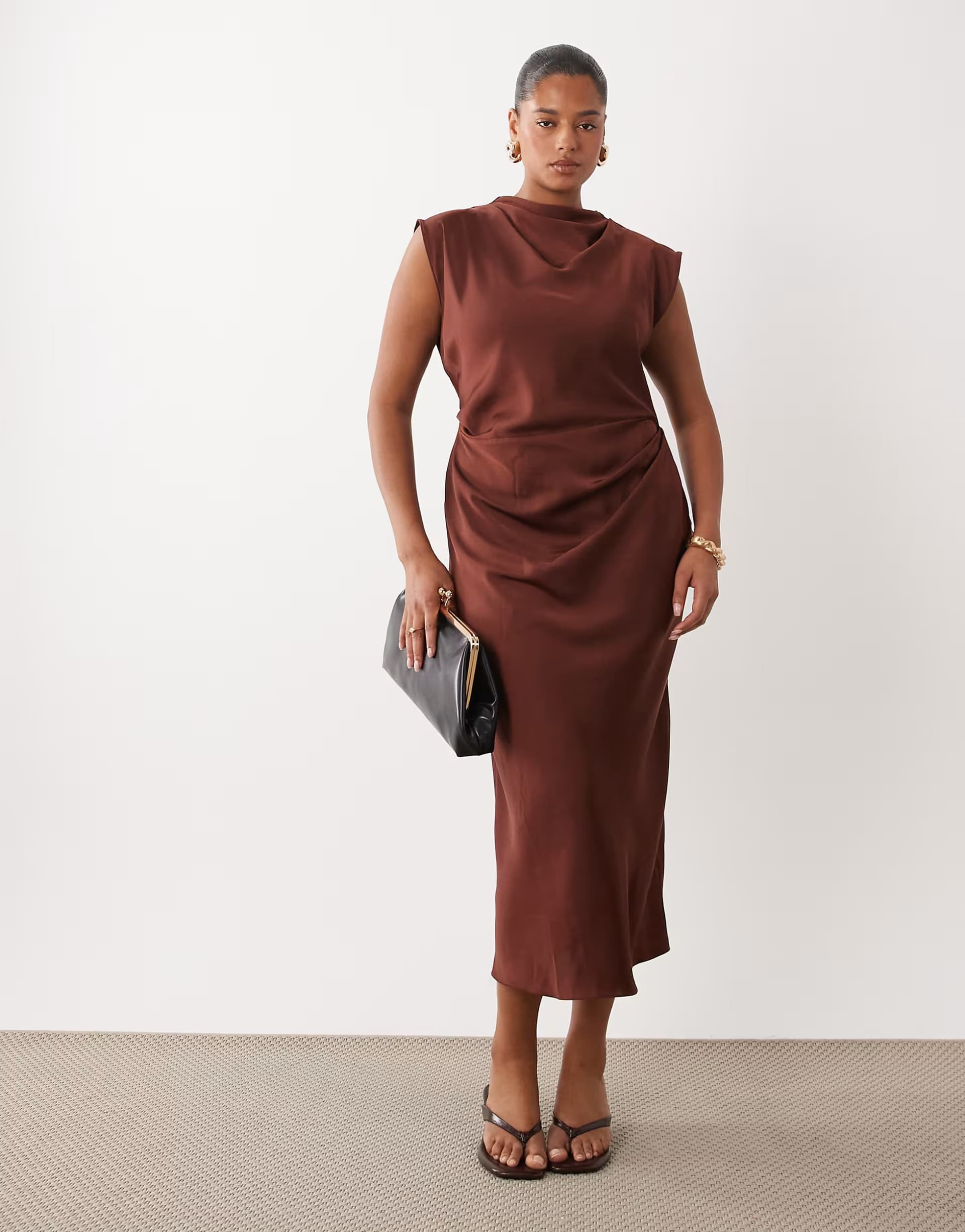 ASOS ASOS DESIGN Curve satin high neck pleated bodice midi dress in chocolate