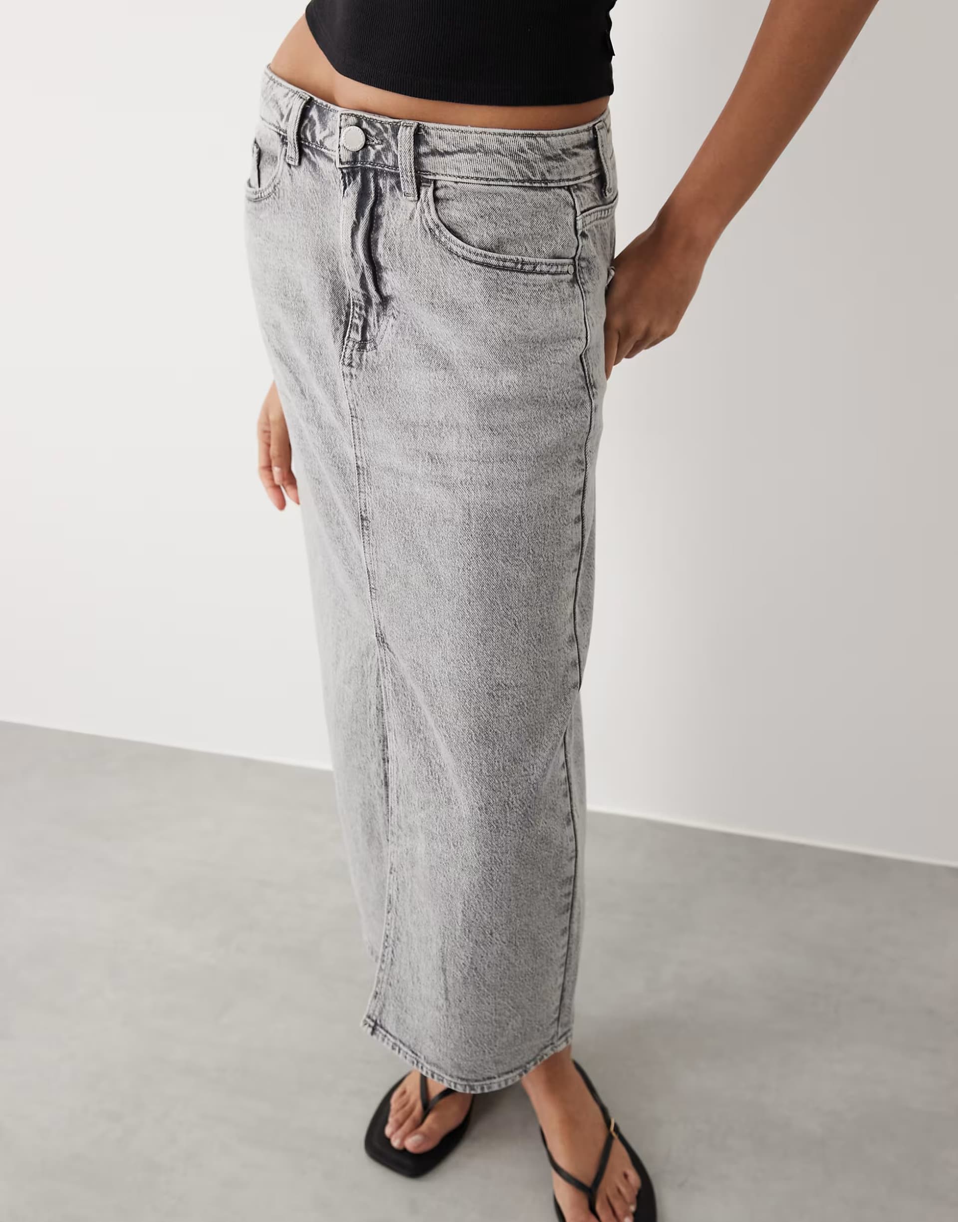 ASOS Vila Light Grey Denim High Waisted Midi Skirt