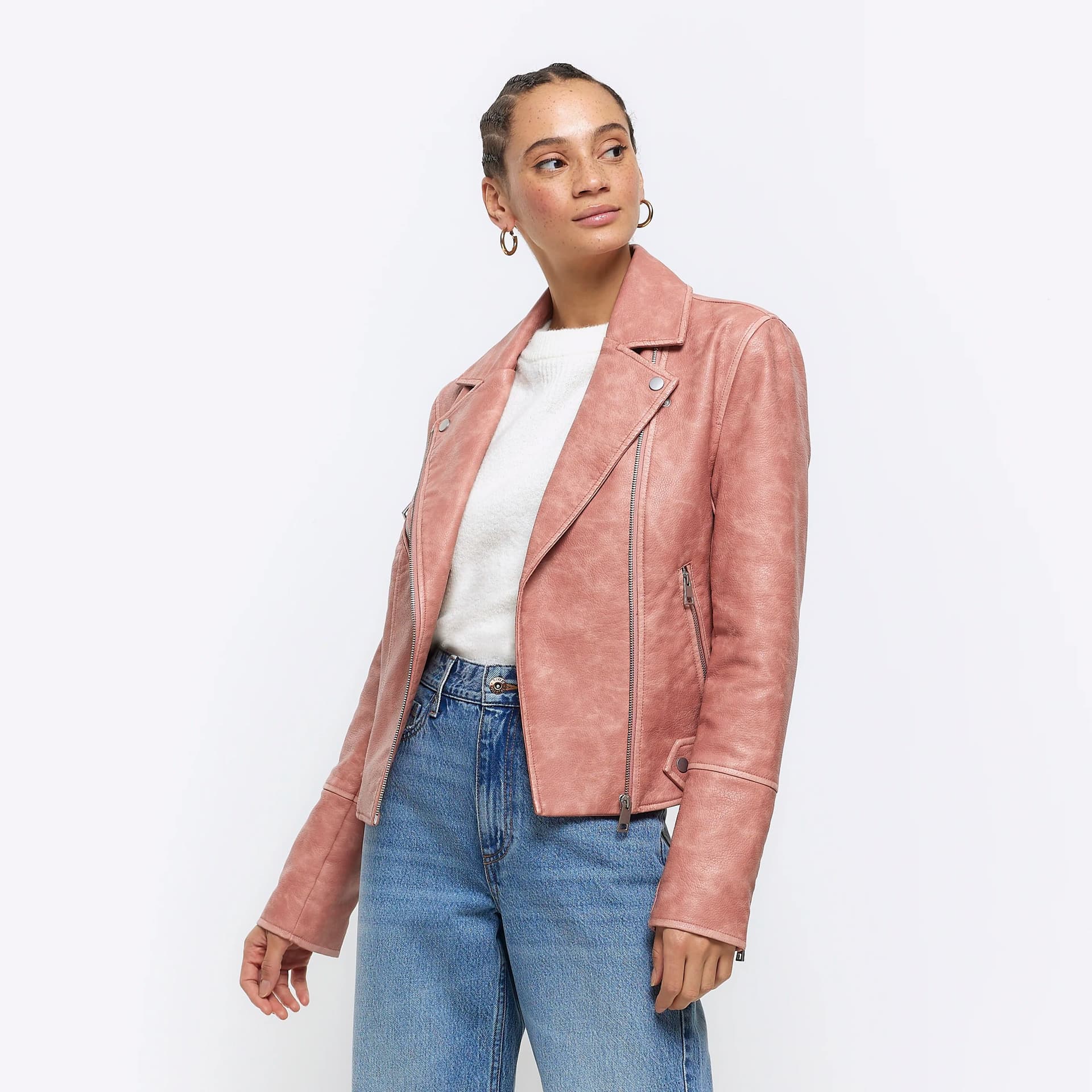 River Island River Island Womens Pink Faux Leather Distressed Biker Jacket