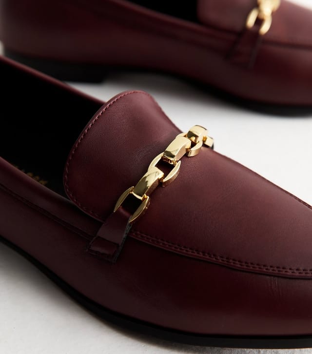 New Look Women's Wide Fit Dark Burgundy Faux Leather Chain Trim Loafers Vegan New Look - 3