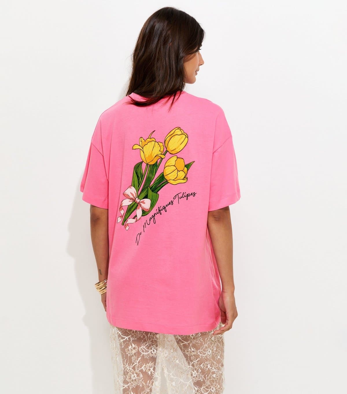 New Look Women's Bright Pink Cotton Tulip Print Oversized T-Shirt New Look