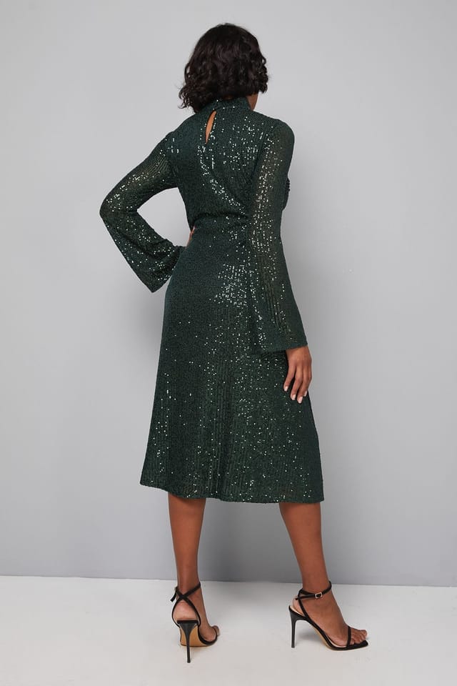 Wallis Wallis Women's High Neck Sequin Midi Dress in Forest - 3