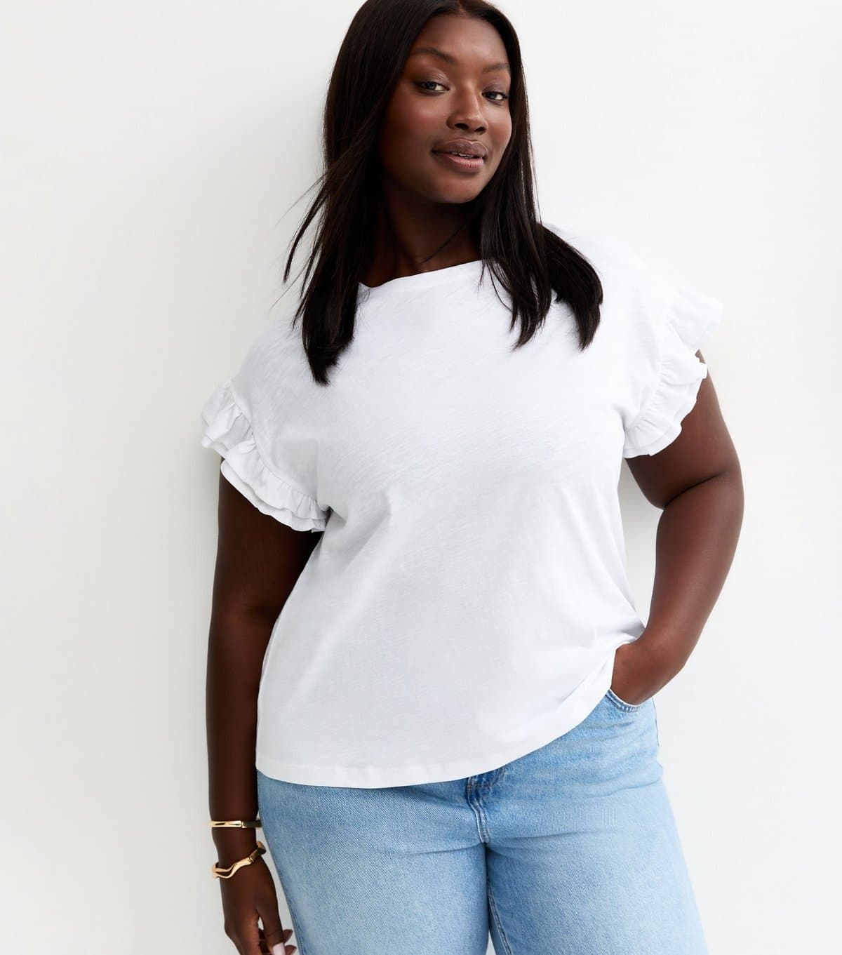New Look Women's Plus Size White Frill Sleeve Slub Top Curves New Look