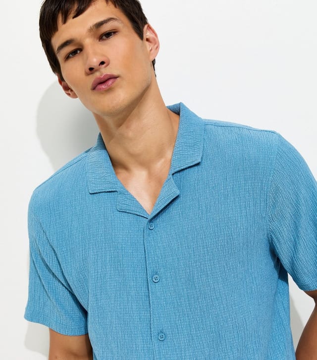 New Look Men's Light Blue Short Sleeve Regular Crinkle Shirt New Look - 3