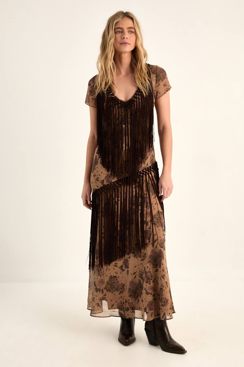 NastyGal NastyGal Women's Floral Chiffon Fringe Maxi Dress in Beige - 2