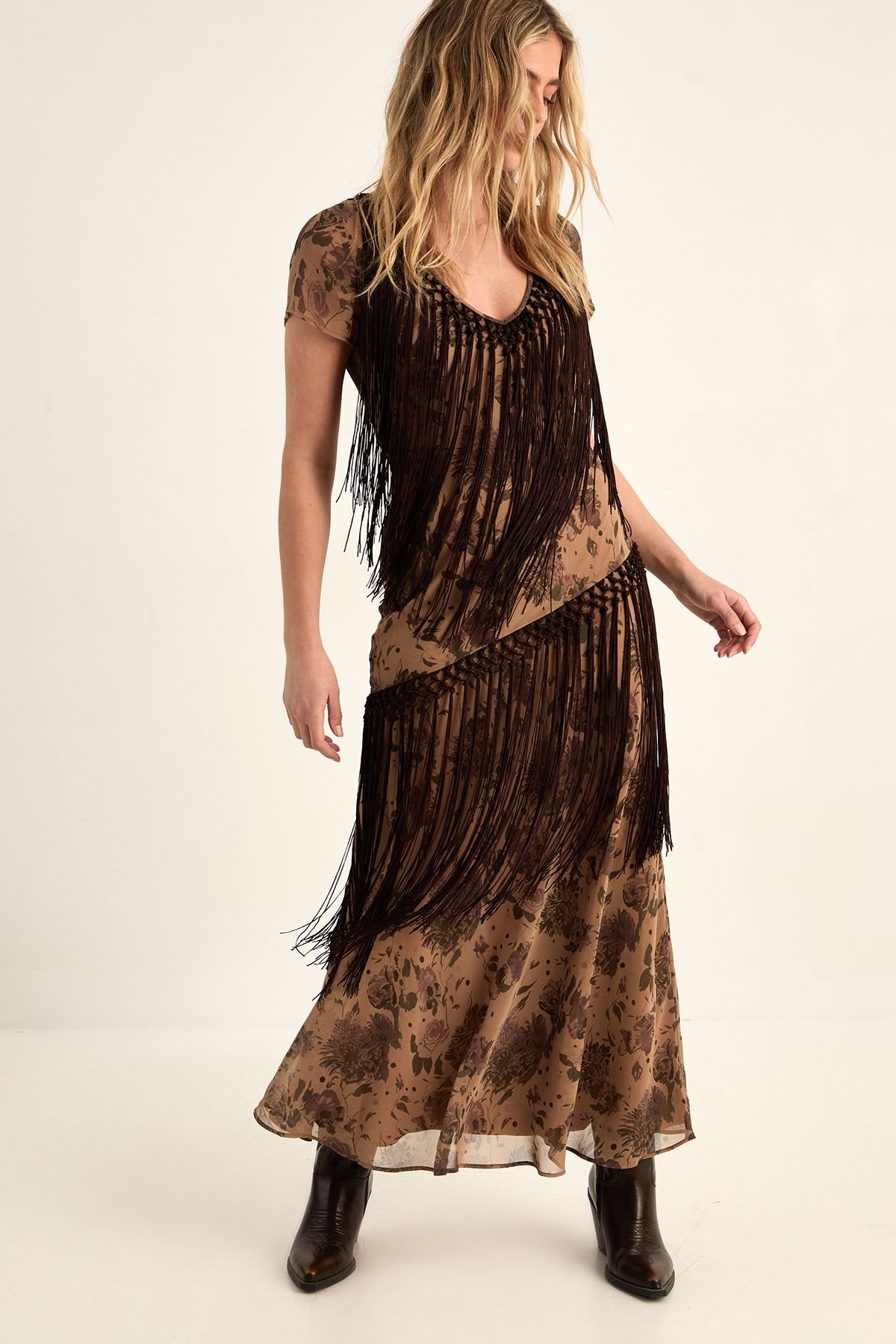 NastyGal NastyGal Women's Floral Chiffon Fringe Maxi Dress in Beige - 3