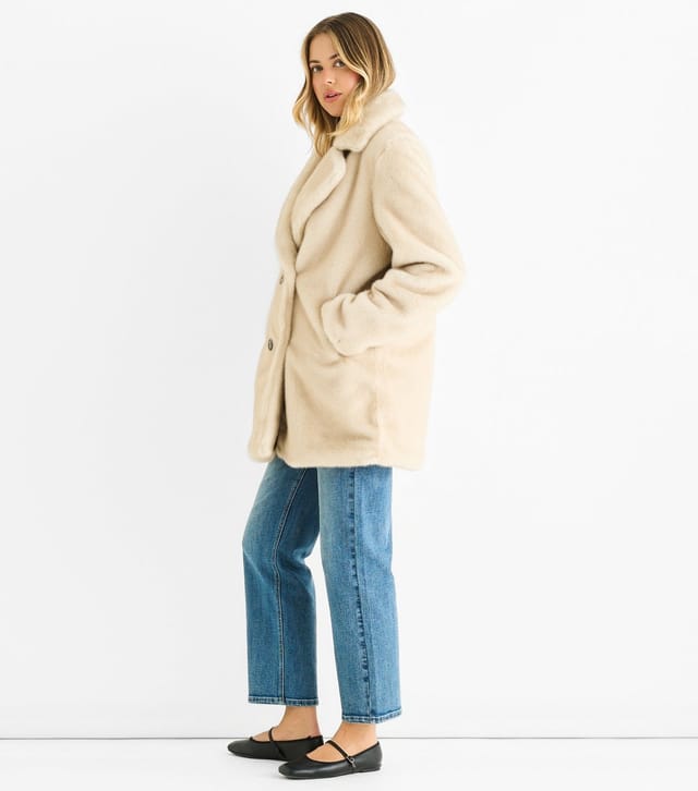 Gini London Women's Cream Faux Fur Double Breasted Longline Coat Gini London New Look - 3