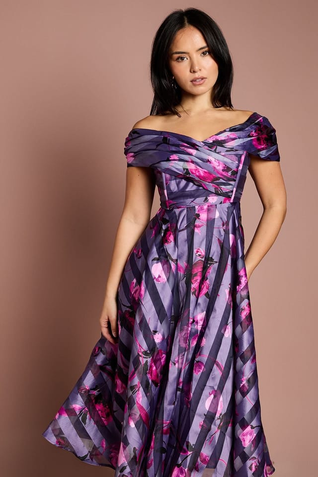 Coast Coast Women's Petite Stripe Organza Pleated Top Midi Dress in Purple - 2